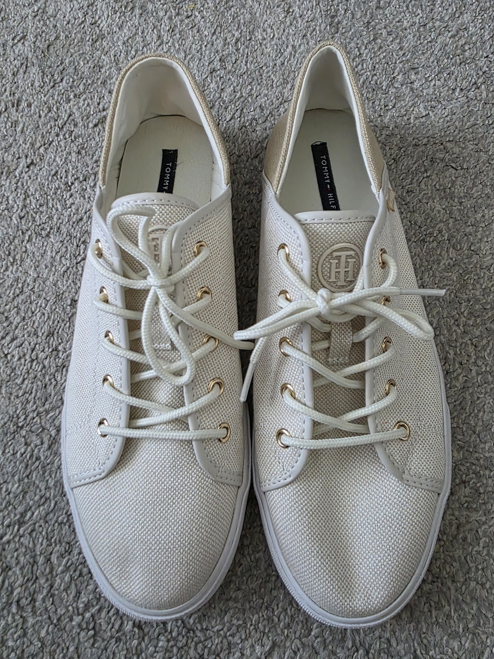 Tommy Hilfiger Cream Canvas Lace-Up Sneakers with Gold Accents